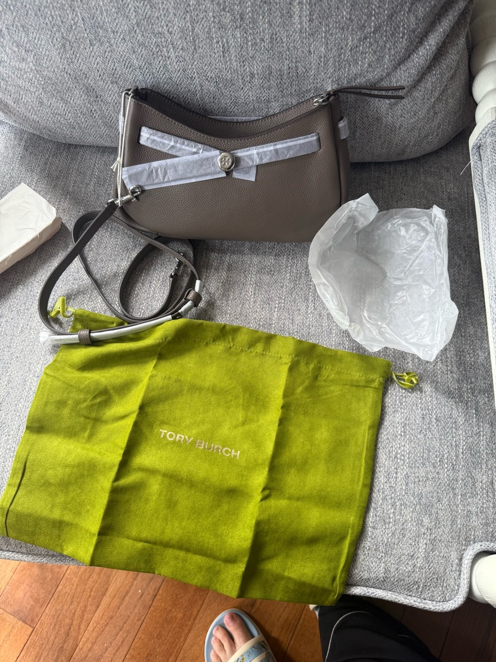 Tory Burch Romy Crossbody Mushroom Color Pebbled Leather Crossbody